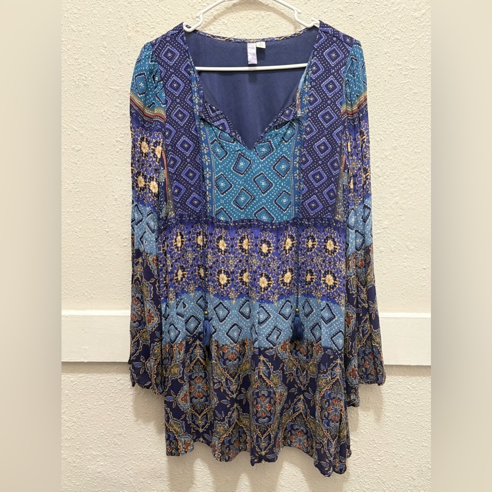 Alya Blue Multi Long Sleeve Swing Dress Size Large